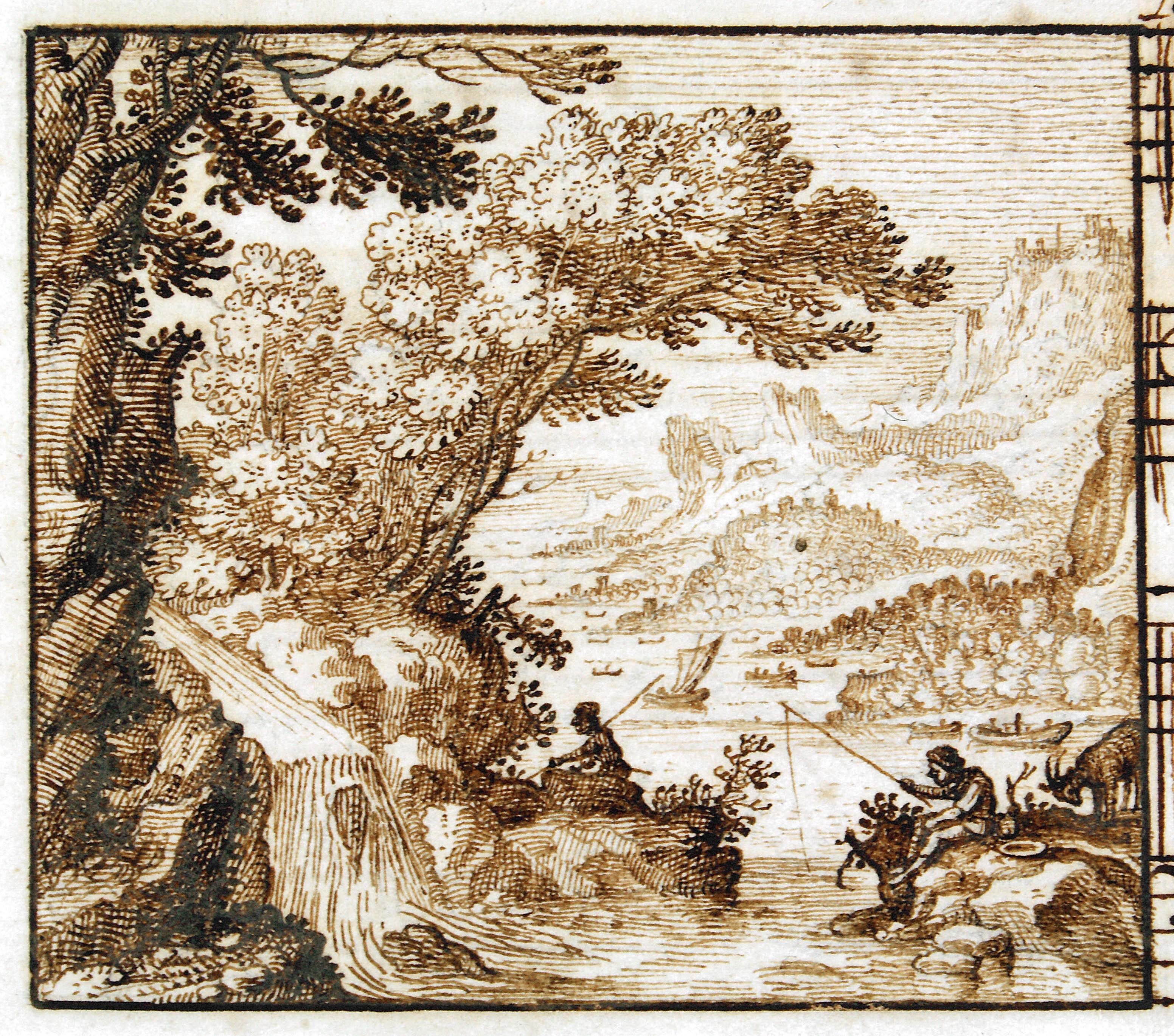 River landscape with fishing fishermen.