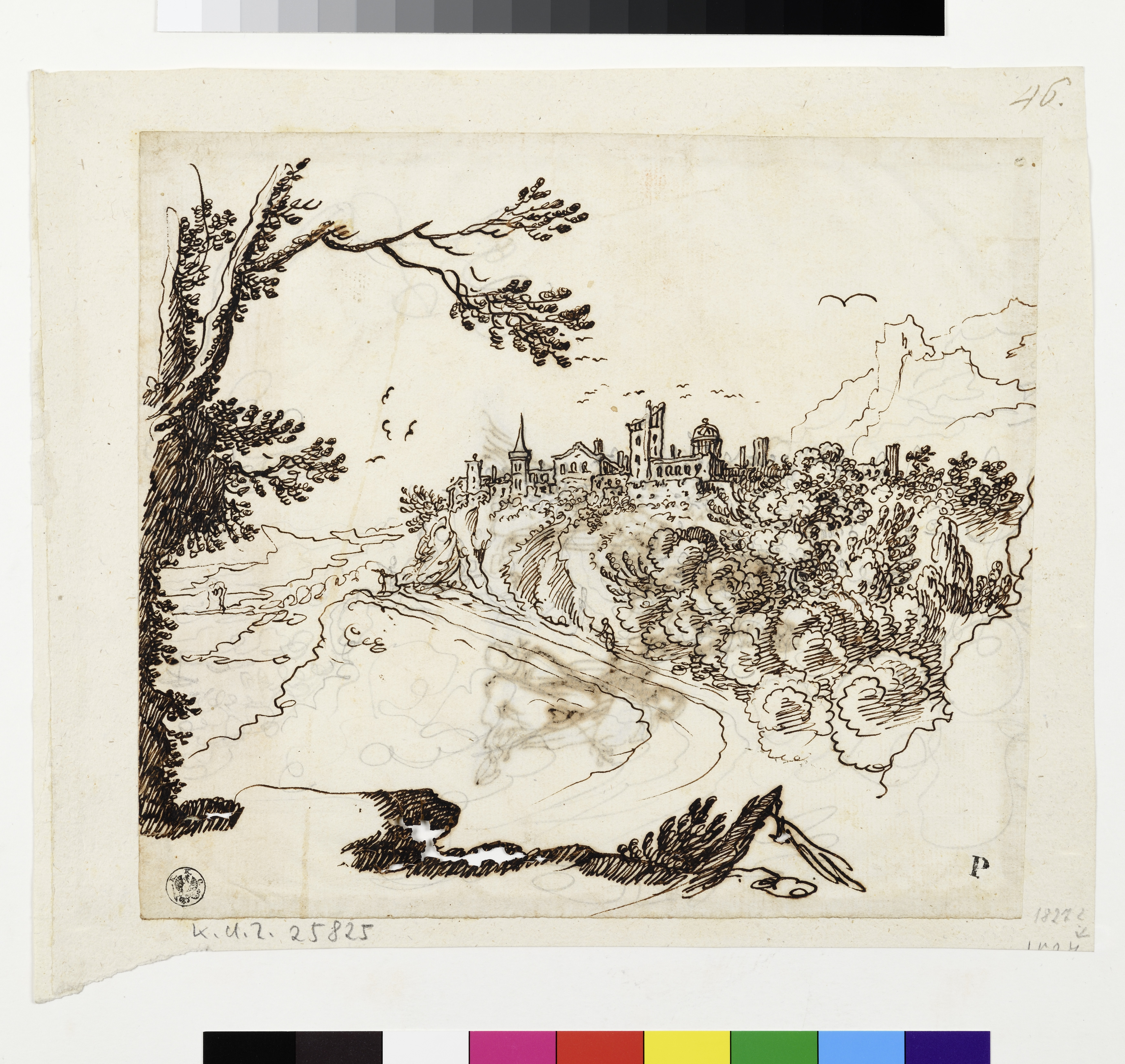 Landscape with city or village on the top of a hill. | Virgin of the Rosary with St. Dominic and St. Catherine.