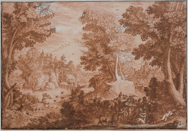 Landscape with resting shepherd and buildings