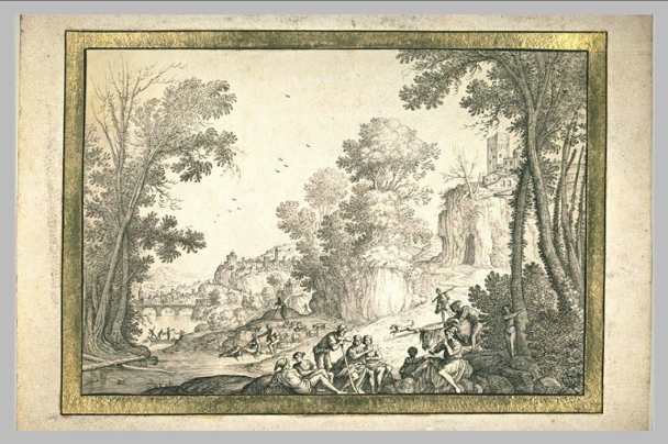 Wooded landscape with shepherds.