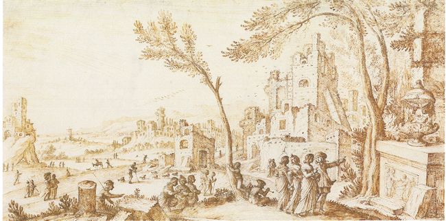 An extensive landscape with figures examining an urn among ruins