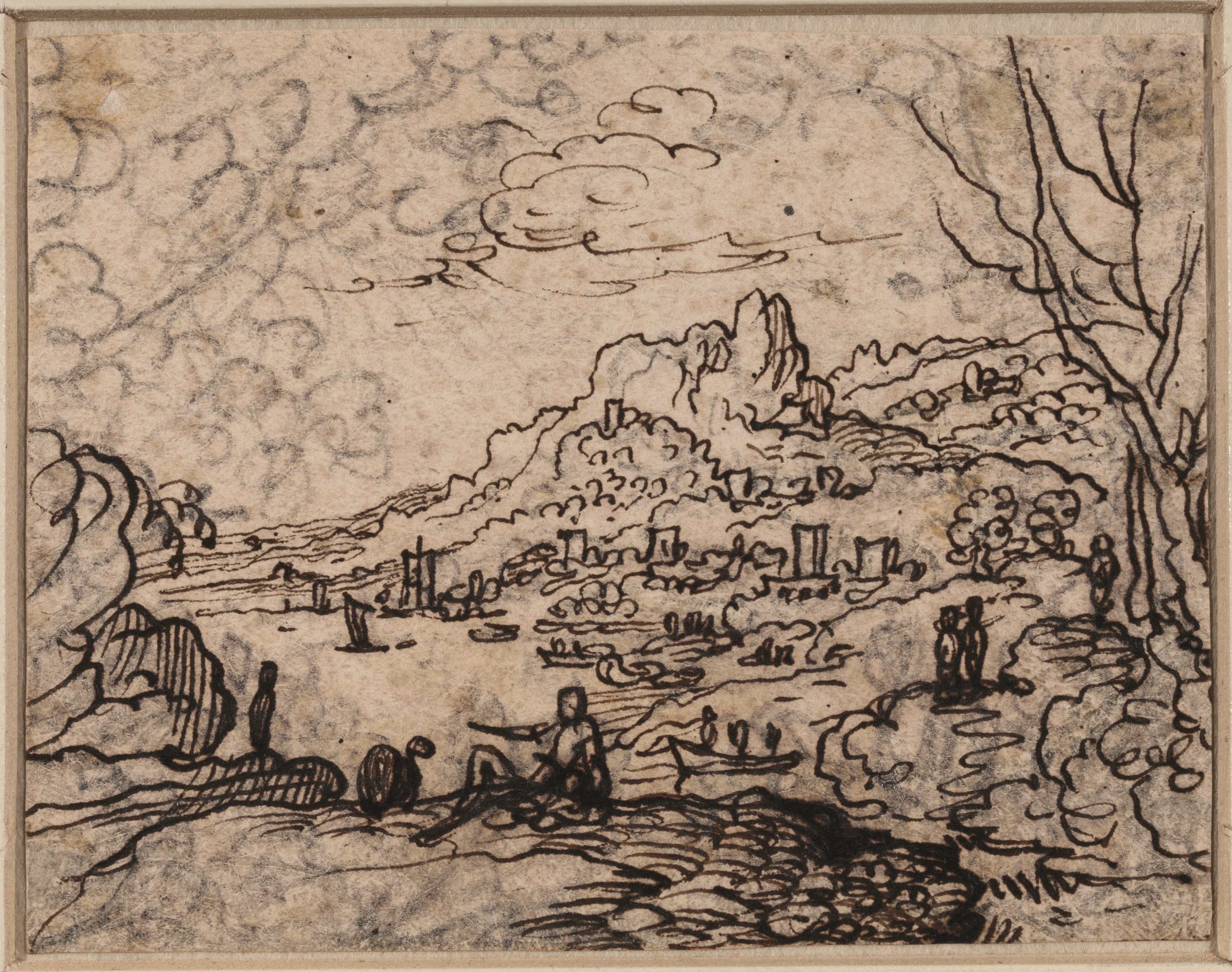 River landscape with man resting in the foreground